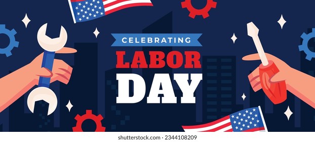 Happy Labor day. Labor Day background. USA Labor Day celebration. American Labor Day concept. September 4. Vector illustration. Design For Poster, Banner. Flyer, Greeting Card. construction tools.