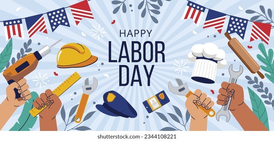 Happy Labor day. Labor Day background. USA Labor Day celebration. American Labor Day concept. September 4. Vector illustration. Design For Poster, Banner. Flyer, Greeting Card. construction tools.