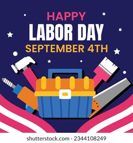 Happy Labor day. Labor Day background. USA Labor Day celebration. American Labor Day concept. September 4. Vector illustration. Design For Poster, Banner. Flyer, Greeting Card. construction tools.