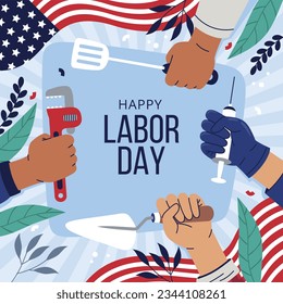 Happy Labor day. Labor Day background. USA Labor Day celebration. American Labor Day concept. September 4. Vector illustration. Design For Poster, Banner. Flyer, Greeting Card. construction tools.