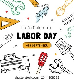 Happy Labor day. Labor Day background. USA Labor Day celebration. American Labor Day concept. September 4. Vector illustration. Design For Poster, Banner. Flyer, Greeting Card. construction tools.