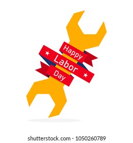 Happy Labor Day, background with a wrench and red ribbon. Vector illustration. Labor Day, banner or label in flat design.