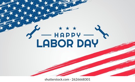 Happy Labor Day Banner with American Flag and Wrench Symbols USA Workers Celebration Background