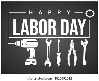 Happy Labor Day banner. Design template with decoration of a laborer image, safety helmet and labor equipment. Vector illustration with flat style