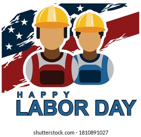 Happy Labor Day banner. Design template with decoration of a laborer image, safety helmet and labor equipment. Vector illustration with flat style