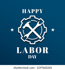 Happy labor day banner design. Illustration of gear, hammer, and wrench. Usable for social media post, banner, card, and web.