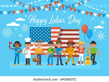 Happy Labor Day banner design with group of diverse workers and american flag. Vector illustration