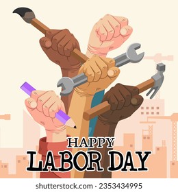 happy labor day banner, flyer, poster design. illustration of hands holding tools icons of various job professions