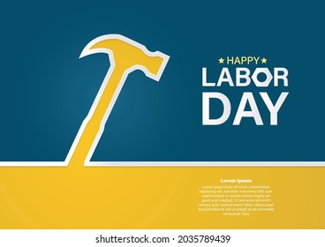 Happy Labor Day banner with hammer. Design template paper cut look. Vector illustration