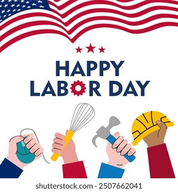 Frohes Banner zum Tag der Arbeit. Labour Illustration und eine amerikanische Flagge mit dem Happy Labour Day Text. Perfekt für Social Media, Website-Banner und Printmedien.