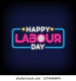 Happy Labor Day banner, logo, emblem and label. Happy Labor Day Neon Text Vector with a Brick Wall Background. Vector Illustration