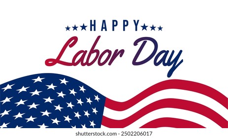 Frohes Banner zum Tag der Arbeit. Eine patriotische Feier mit einer wehenden amerikanischen Flagge und dem Text zum Happy Labor Day in eleganter Schrift. Perfekt für Social Media, Website-Banner und Printmedien.