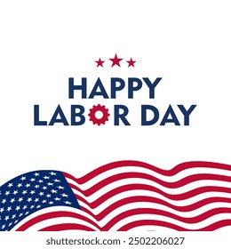 Happy Labor Day Banner. A patriotic celebration with a waving American flag and the Happy Labor Day text in elegant script. Perfect for social media, website banners, and print media.