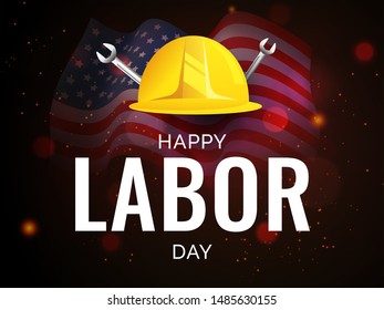 Happy Labor Day banner or poster design with worker helmet and wrench tool on lighting effect brown background.