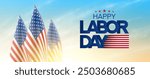 Happy Labor Day banner. Promotion banner for USA Labor Day with USA flags and cloudy sky at sunrise. Realistic vector illustration for decoration banners, posters, social media, advertising.