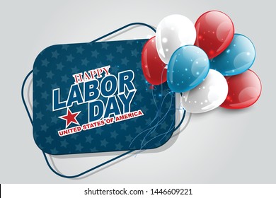 Happy Labor Day banner tag with a bunch of balloons. Website deocation or advertisement promotion element. USA national holiday. Vector illustration.