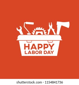 Happy labor day banner. Tool box with tools and greeting text. Red background.