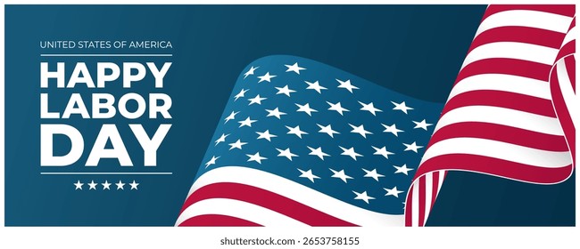 Happy Labor Day Banner. United States federal holiday background with waving American flag. Vector illustration.
