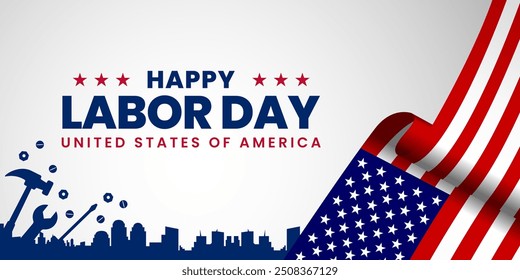 Feliz Anuncio del Día del Trabajo de Estados Unidos con banderas de Estados Unidos. Ilustración vectorial para Anuncios de decoración, carteles, redes sociales, publicidad