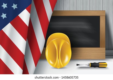 Happy Labor day banner vector illustration, Beautiful USA flag waving on blue star pattern background