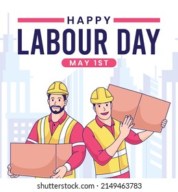 happy labor day banner vector illustration. cartoon worker celebrating may day