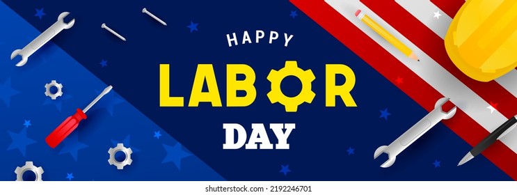 Happy Labor Day banner vector design. labor tools with safety helmet