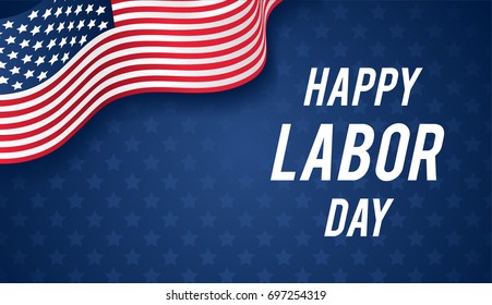 Happy Labor day banner vector illustration, USA flag waving on blue star pattern background with copy space.