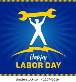 Happy Labor Day banner, worker and wrench. International Labour Day with worker on yellow lightning. Vector illustration