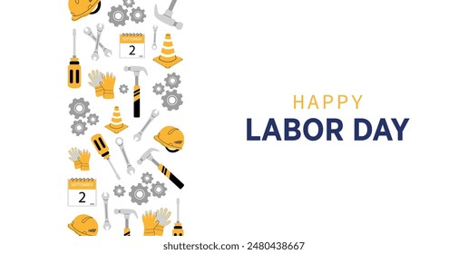 Happy Labor Day. Wunderschöne Vektorgrafik Banner für Labor Day mit Werkzeugen. Hammer, Schraubendreher, Schraubenschlüssel, Handschuhe, Bauhelm. Für Plakate, Banner, Werbung. Herbst amerikanischer Feiertag. 