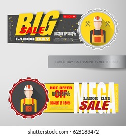 Happy Labor Day big and mega sale banners vector set with label of gear cut from paper, red and gray ribbon on the gradient gray background.