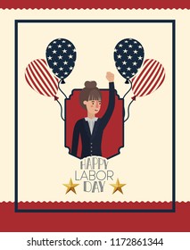 happy labor day card with businesswoman and balloons