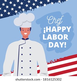 happy labor day card with chef cartoon. vector illustration