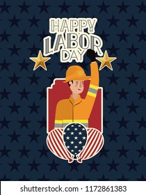 happy labor day card with firefighter and usa flag