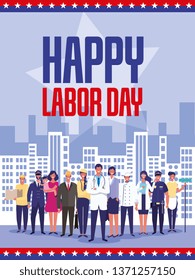 Happy labor day card with hand drawn cartoons vector digital image illustration