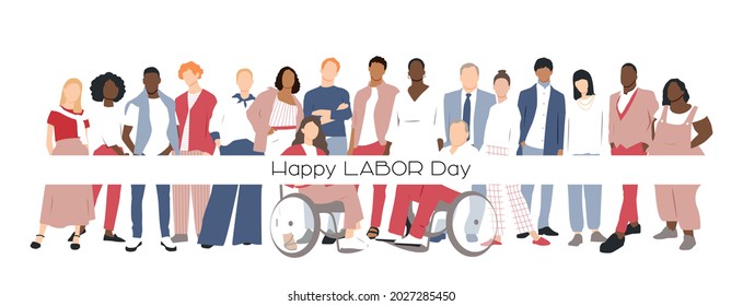 Happy Labor Day card. People of different ethnicities stand side by side together. Flat vector illustration.	