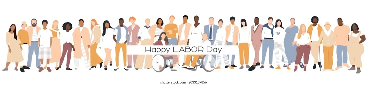 Happy Labor Day card. People of different ethnicities stand side by side together. Flat vector illustration.	