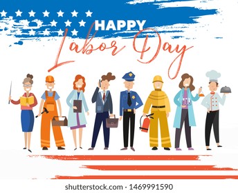 Happy Labor Day card or poster design with a group of people from the community in different occupations standing in a line below text on a blue background, colorful vector illustration