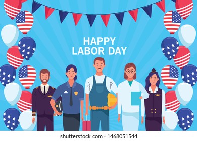 Happy labor day card with professional workers and united states flag, USA holiday celebration. vector illustration graphic design.