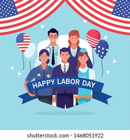 Happy labor day card with professional workers and united states flag, USA holiday celebration. vector illustration graphic design.