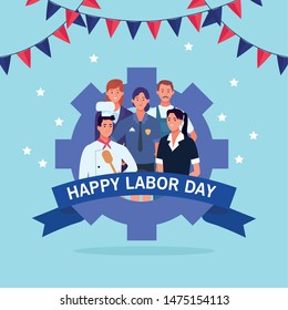 Happy labor day card with professional workers and united states flag, USA holiday celebration. vector illustration graphic design.