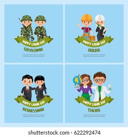 Happy Labor Day card set. People of different professions. People in uniform. Military, builder, businessman, teacher. Greeting card template. Place for your text.