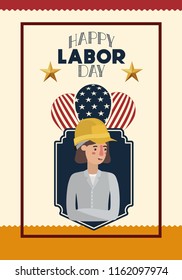 happy labor day card with woman builder and balloons