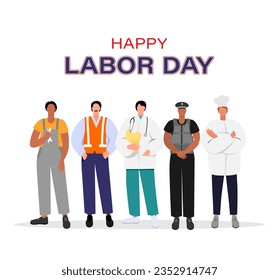 Tarjeta feliz Día del Trabajo con trabajadores de diferentes profesiones. Ilustración vectorial del Día del Trabajo de EE.UU.