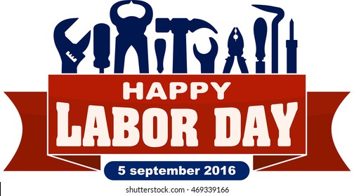 Happy labor day celebrating banner with silhouettes of workers tools: hammer, screwdriver, pliers, file, soldering iron, pliers, awl, etc.