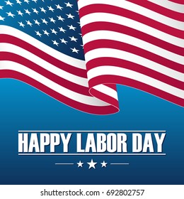 Happy Labor Day celebration card with waving USA national flag. Vector illustration.