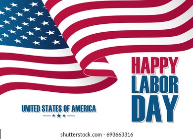 Happy Labor Day celebration card with waving United States national flag. Vector illustration.