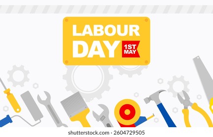Happy Labor Day Celebration. Concept of May Day with Worker Tools Illustration. Design for Banner, Background, Poster, Social Media Post, and So On.
