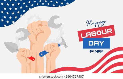 Happy Labor Day Celebration. Concept of May Day with Worker Tools Illustration. Design for Banner, Background, Poster, Social Media Post, and So On.