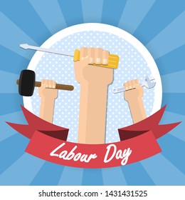  Happy Labor Day celebration. Hands strong with instruments with variety of occupations. Vector illustration.