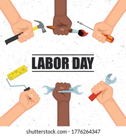 happy labor day celebration with hands and tools vector illustration design